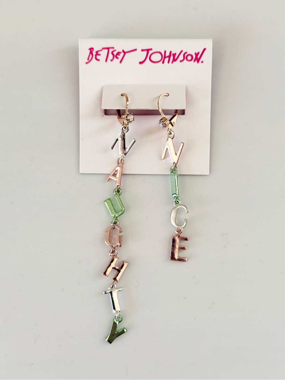 Betsey Johnson Naughty Nice Christmas Holiday Pastel Silver Tone Dangle Earrings